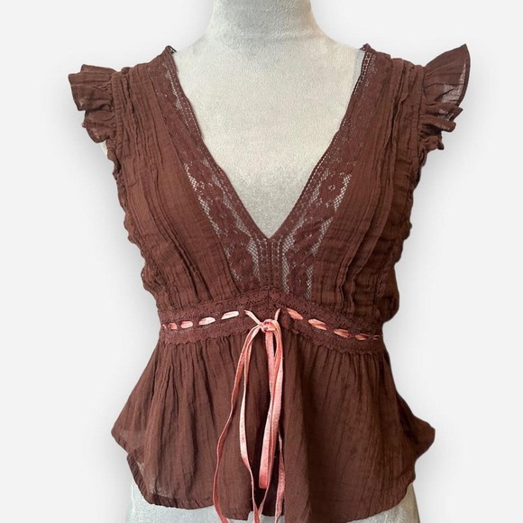 Kimchi Blue Tops - Kimchi Blue Brown Lace Trim Ribbon Tie Peplum Top Medium
